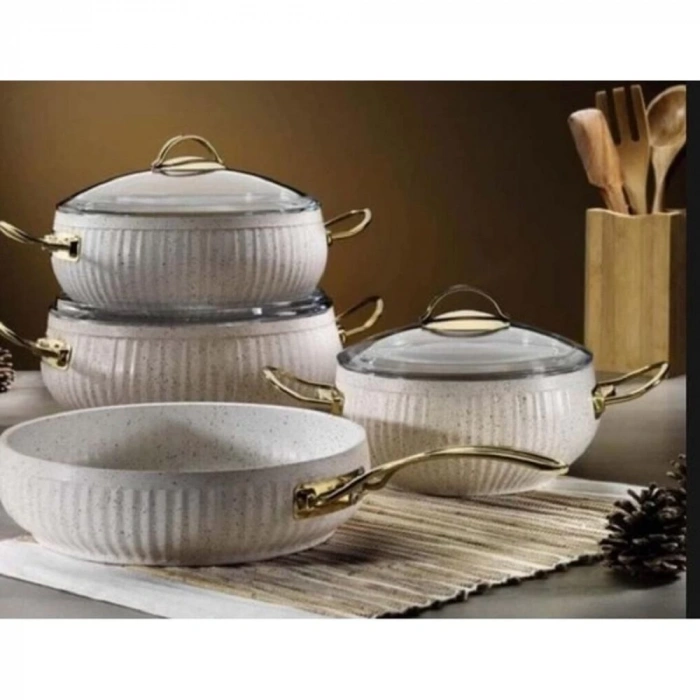 Bio Granit 7 Prç Istiridye Fildişi & Gold Kulp Tencere Ve Tava Seti