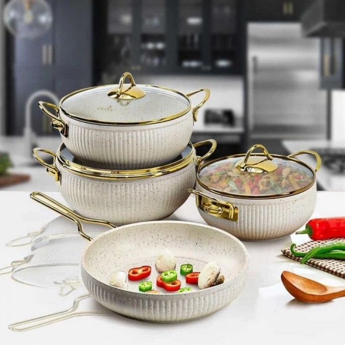 Bio Granit 7 Prç Istiridye Fildişi & Gold Kulp Tencere Ve Tava Seti