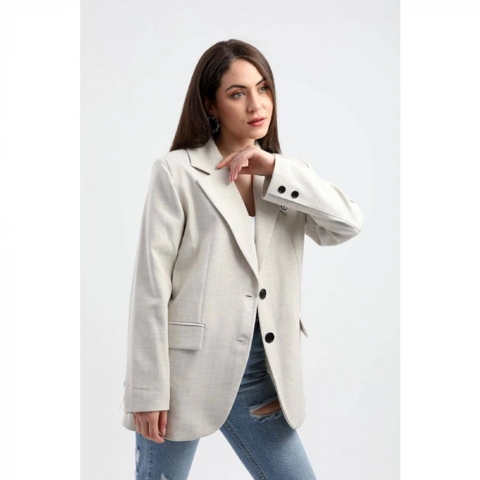 Blazer Ceket Çizgili Atlas Kumaş - Bej
