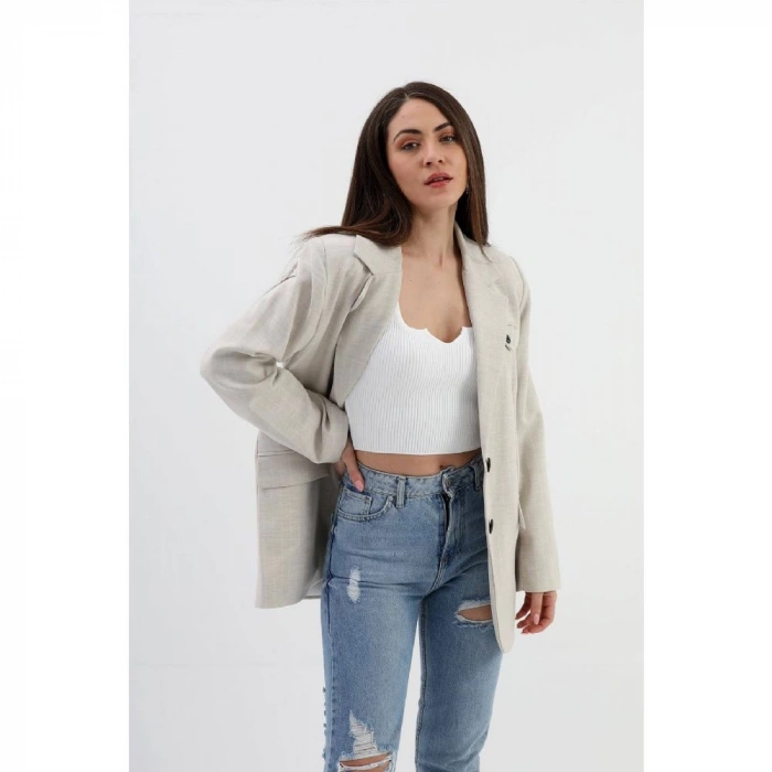 Blazer Ceket Çizgili Atlas Kumaş - Bej