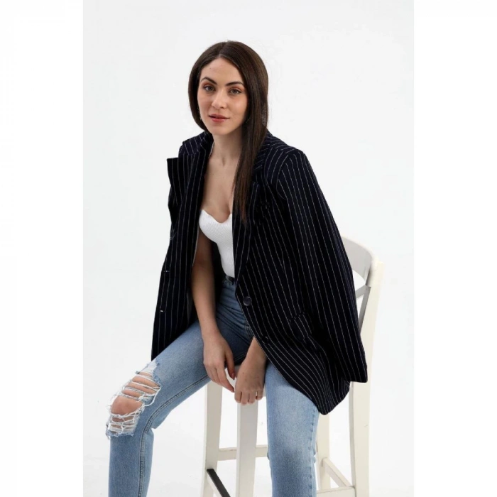 Blazer Ceket Çizgili Atlas Kumaş - Koyu Lacivert
