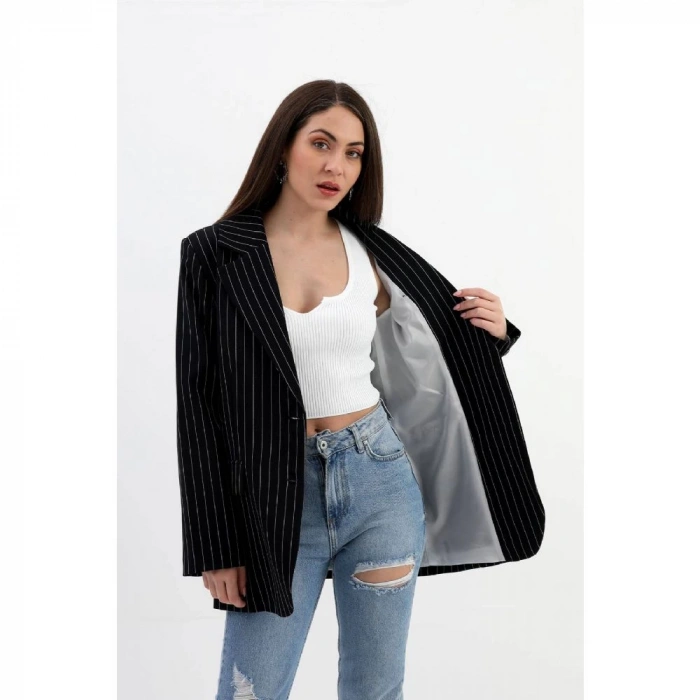 Blazer Ceket Çizgili Atlas Kumaş - Siyah