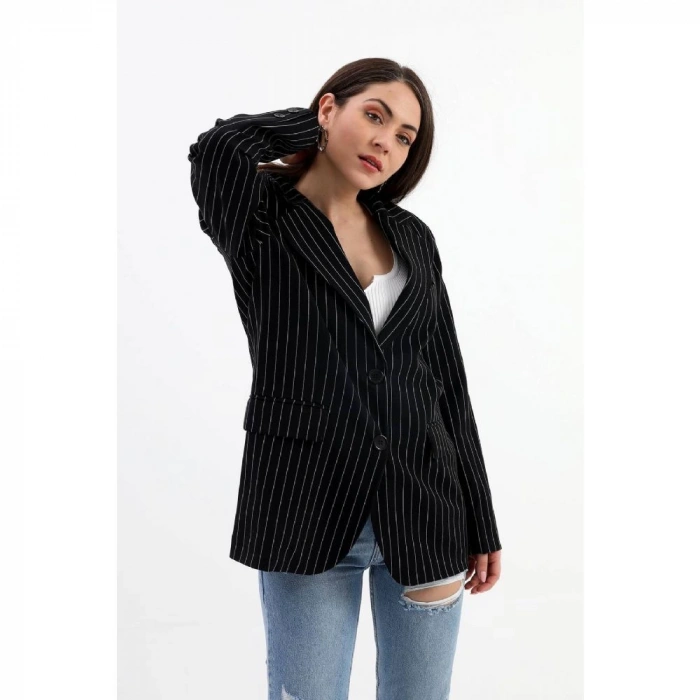 Blazer Ceket Çizgili Atlas Kumaş - Siyah