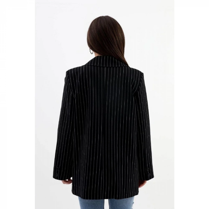 Blazer Ceket Çizgili Atlas Kumaş - Siyah