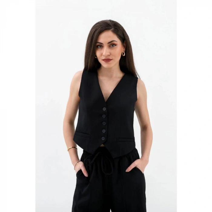 Cepleri Pensli Düğmeli Poliviskon Yelek - Siyah