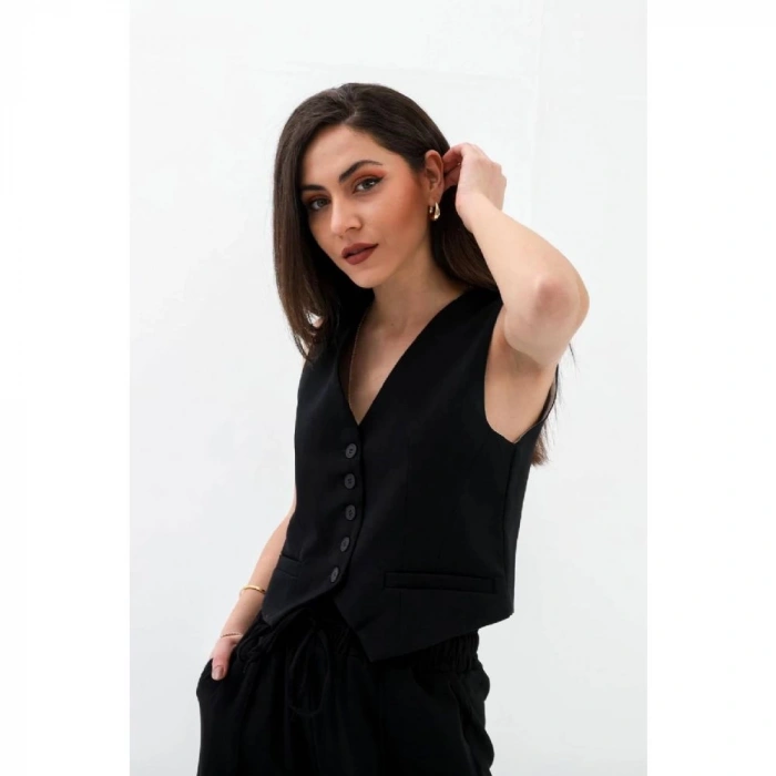 Cepleri Pensli Düğmeli Poliviskon Yelek - Siyah