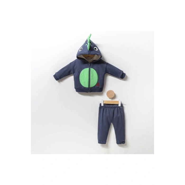 DİGİDİ KIDS ERKEK BEBEK LACİVERT DİNOZOR FİGÜR KAPÜŞONLU İÇİ ŞARDONLU 3LÜ EŞOFMAN TAKIMI 6-24 AY
