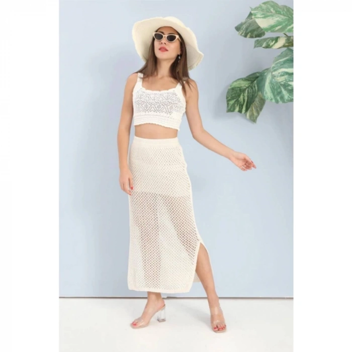 Etek Astarlı Yırtmaçlı Triko - Ekru