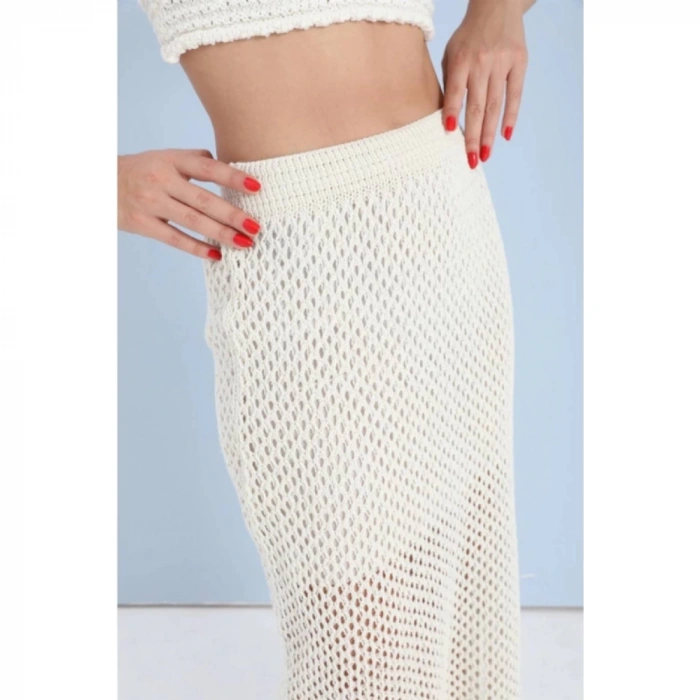 Etek Astarlı Yırtmaçlı Triko - Ekru