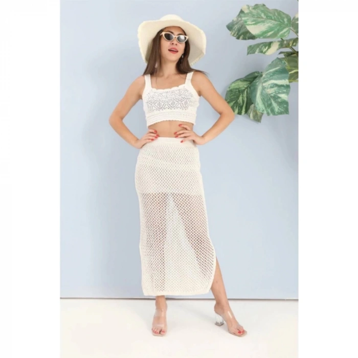 Etek Astarlı Yırtmaçlı Triko - Ekru