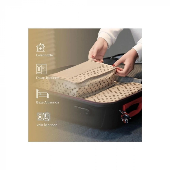 Ev Tekstil Düğme Desen Bej Valiz Düzenleyici Bavul Içi Organizer - 7li Set