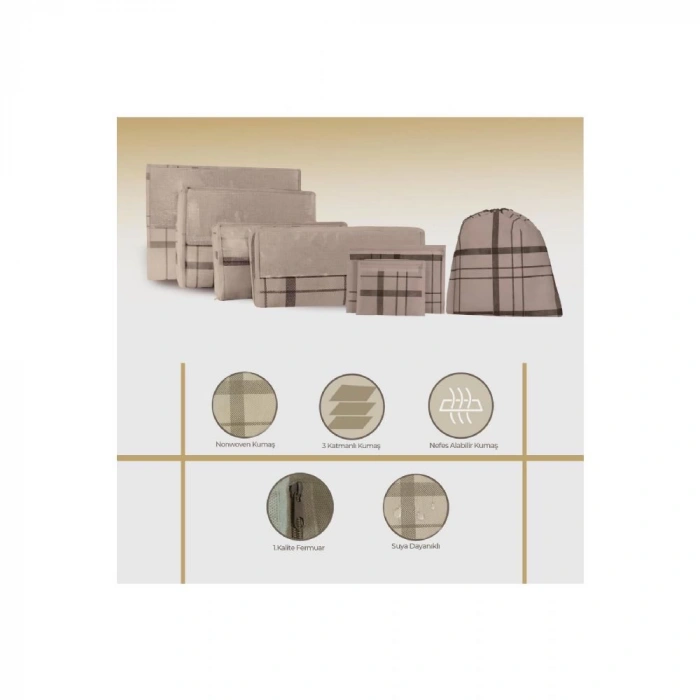 Ev Tekstil Ekose Desen Bej Valiz Düzenleyici Bavul Içi Organizer - 7li Set