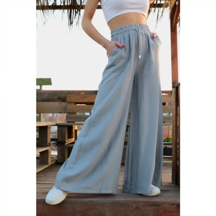 Geniş Kemerli Bol Paça Düz Keten Kadın Pantolon - Gri