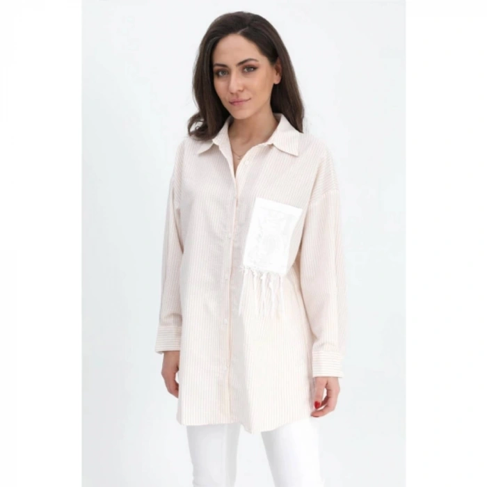 Gömlek Cebi Nakış Püsküllü Gofre - Bej
