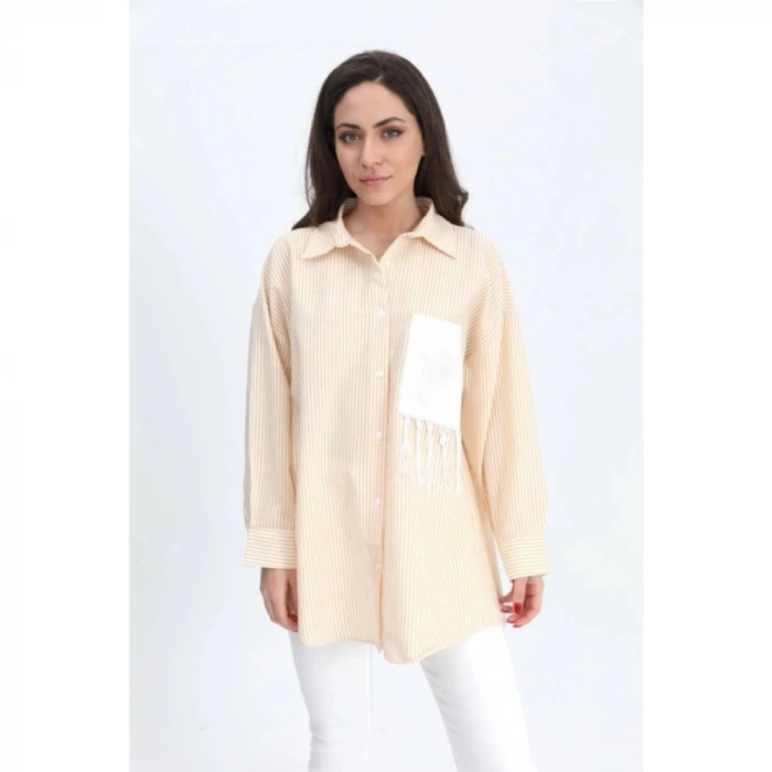 Gömlek Cebi Nakış Püsküllü Gofre - Hardal