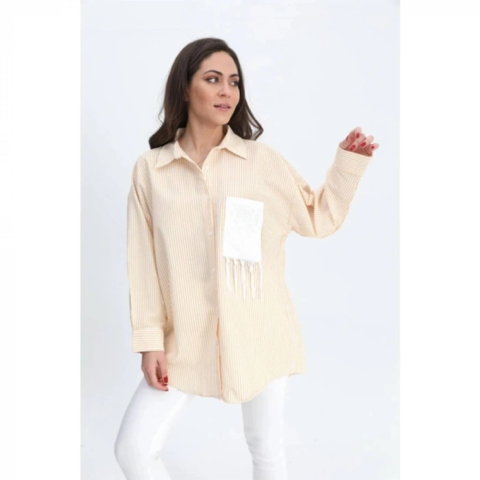 Gömlek Cebi Nakış Püsküllü Gofre - Hardal