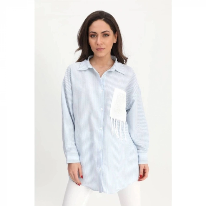 Gömlek Cebi Nakış Püsküllü Gofre - Mavi