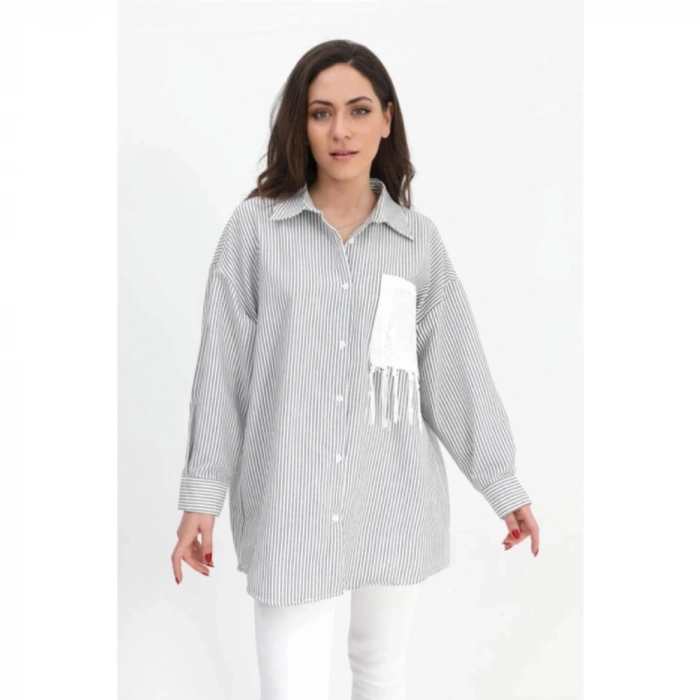 Gömlek Cebi Nakış Püsküllü Gofre - Siyah