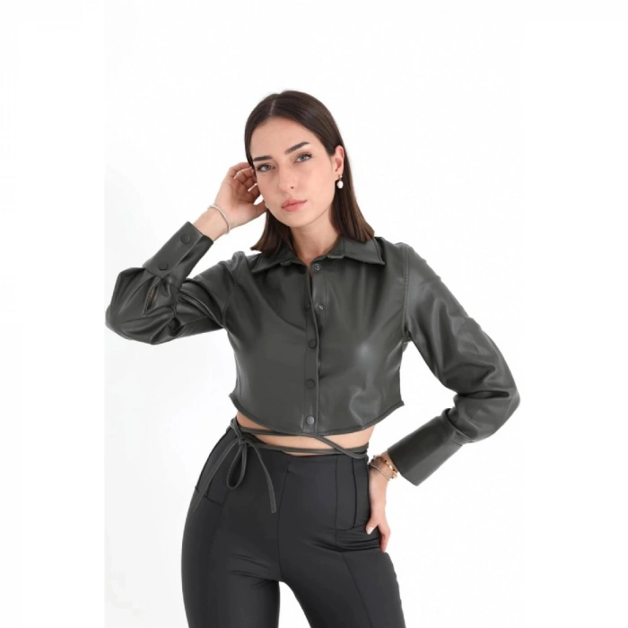 İçi Kadife Bağcıklı Kadın Kısa Deri Gömlek - Haki