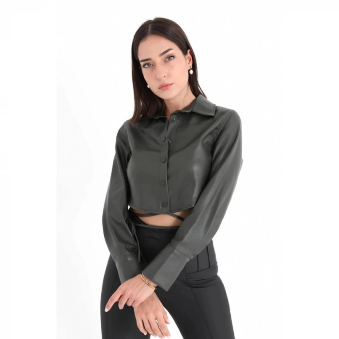 İçi Kadife Bağcıklı Kadın Kısa Deri Gömlek - Haki