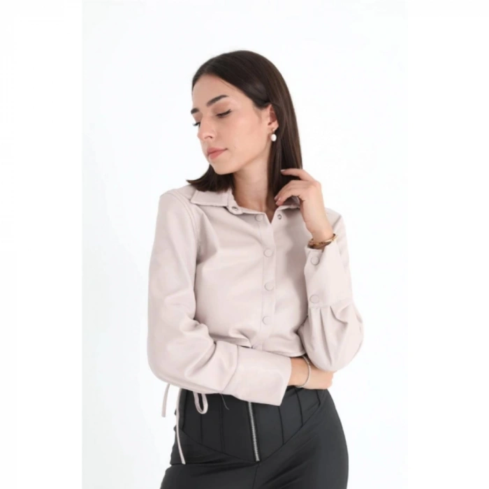 İçi Kadife Bağcıklı Kadın Kısa Deri Gömlek - Taş