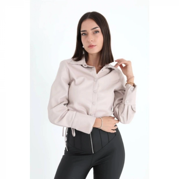 İçi Kadife Bağcıklı Kadın Kısa Deri Gömlek - Taş