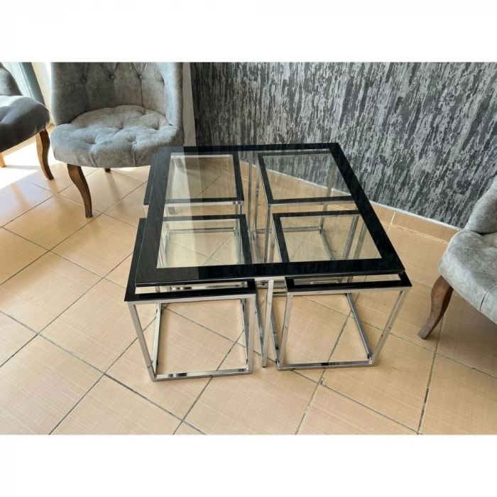 Kare Pizza Sehpa Gümüş Ayak Saydam Tamperli Cam 4+1 Orta Sehpa Zigon