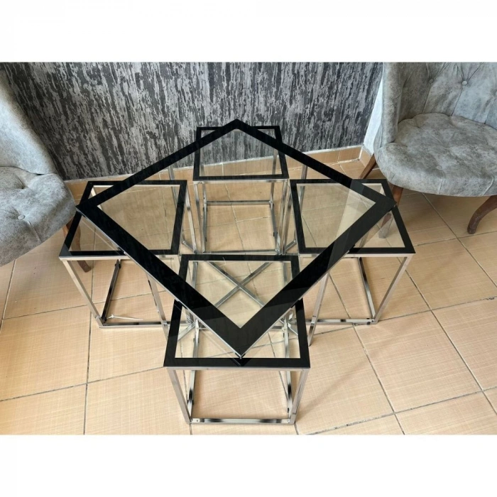 Kare Pizza Sehpa Gümüş Ayak Saydam Tamperli Cam 4+1 Orta Sehpa Zigon