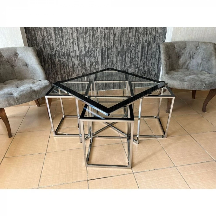 Kare Pizza Sehpa Gümüş Ayak Saydam Tamperli Cam 4+1 Orta Sehpa Zigon