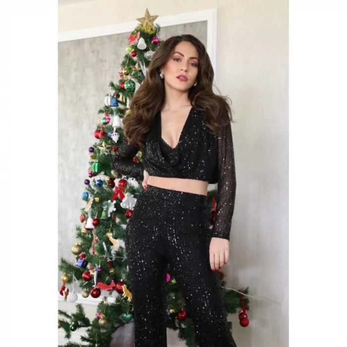 Kruvaze Yaka Beli Lastikli Pul Payet Bluz - Antrasit