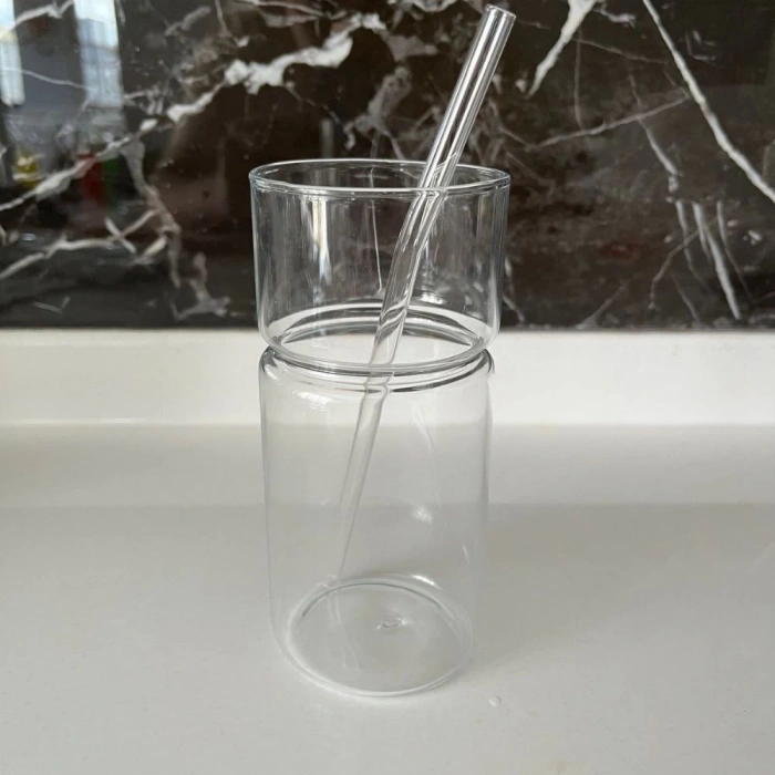 Kum Saati Şeklinde Bardak Seti 2li Cam Pipetli