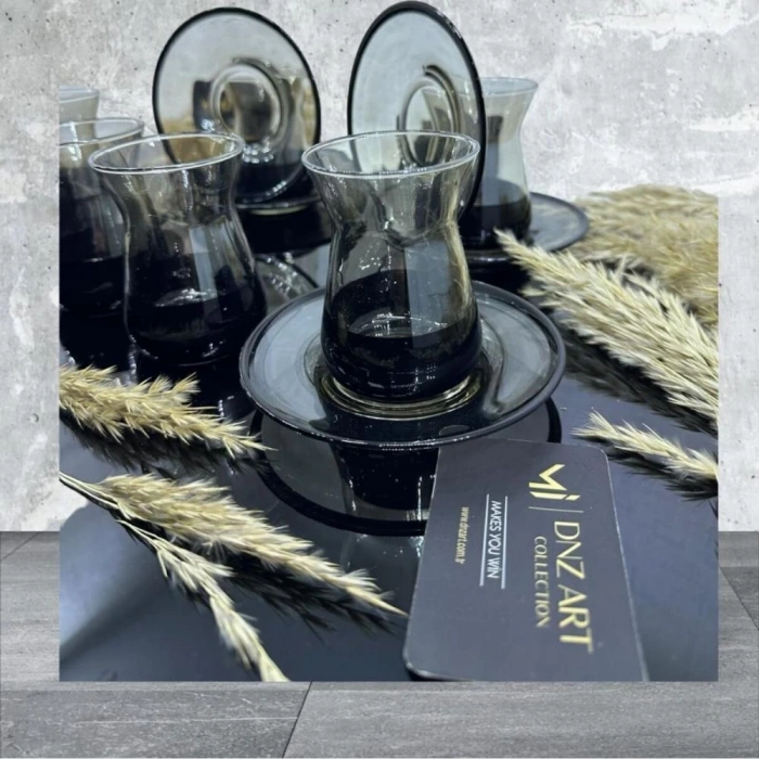 Lüx Füme Siyah Renk Çay Seti 12 Prç Çay Bardağı Takımı