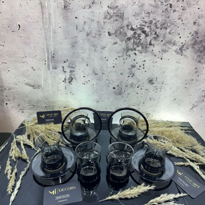 Lüx Füme Siyah Renk Çay Seti 12 Prç Çay Bardağı Takımı