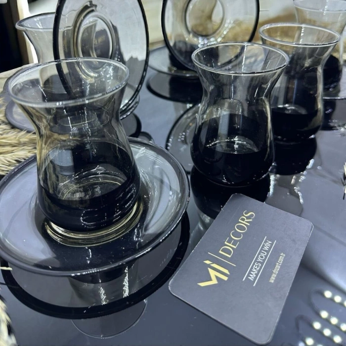 Lüx Füme Siyah Renk Çay Seti 12 Prç Çay Bardağı Takımı