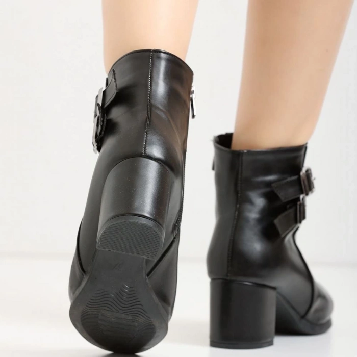 MARİNA ROSSE Kadın Siyah Cilt Çift Tokalı Kısa Bot