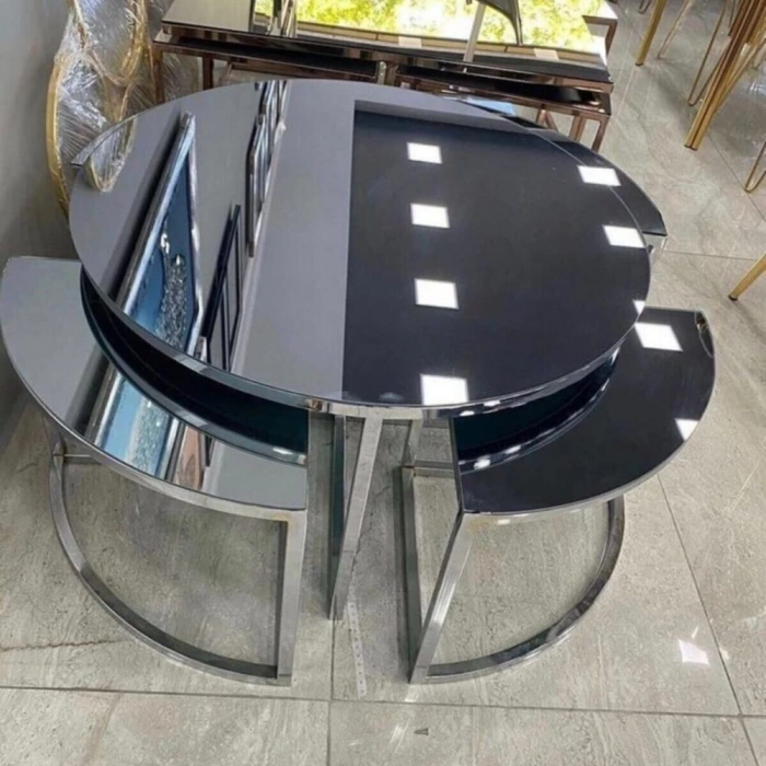 Metal Yuvarlak Pizza Orta Set Krom Ayaklı Siyah Tamperli Cam Sehpalar