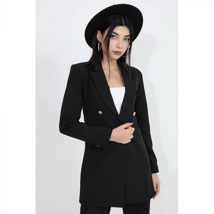 Omuzları Vatkalı Önü Çıtçıtlı Atlas Kumaş Kadın Blazer Ceket - Siyah