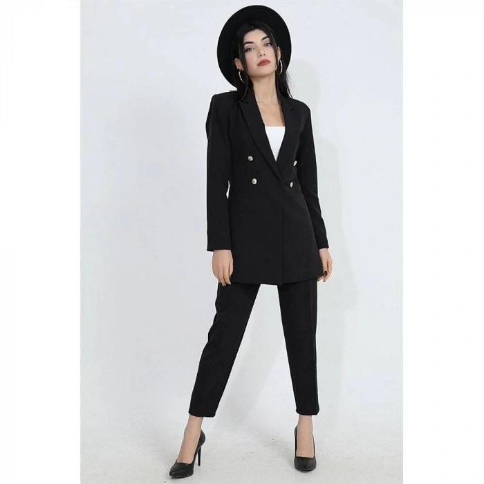 Omuzları Vatkalı Önü Çıtçıtlı Atlas Kumaş Kadın Blazer Ceket - Siyah