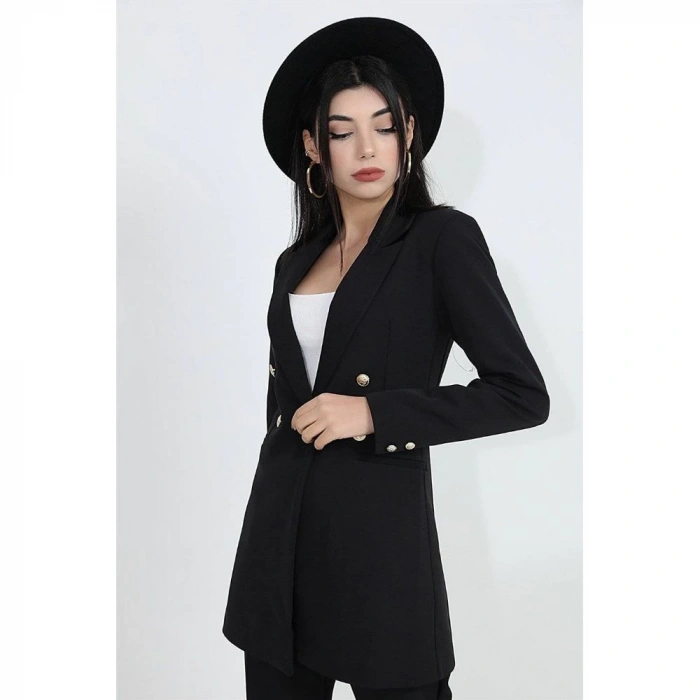 Omuzları Vatkalı Önü Çıtçıtlı Atlas Kumaş Kadın Blazer Ceket - Siyah