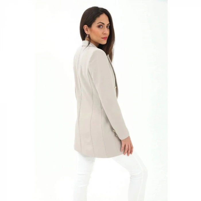 Omuzları Vatkalı Önü Çıtçıtlı Atlas Kumaş Kadın Blazer Ceket - Taş