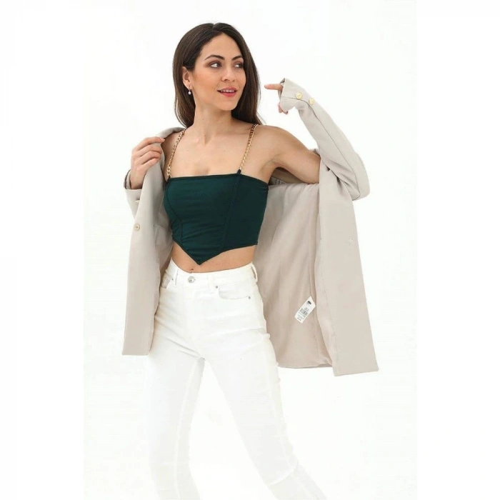 Omuzları Vatkalı Önü Çıtçıtlı Atlas Kumaş Kadın Blazer Ceket - Taş