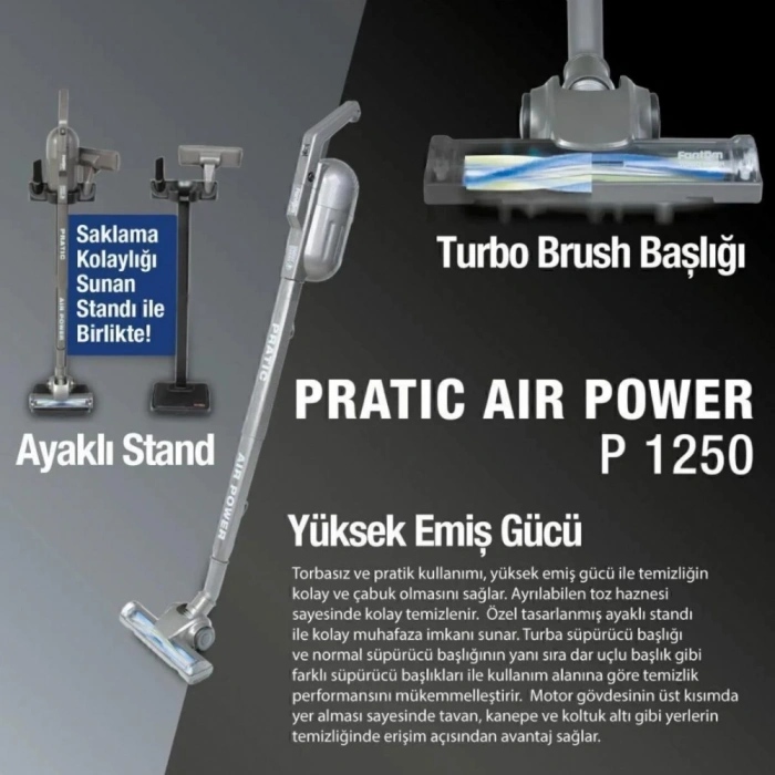 Pratic Aır Power P 1250 Siyah Torbasız Dönebilen Turbo Başlıklı Dikey Süpürge