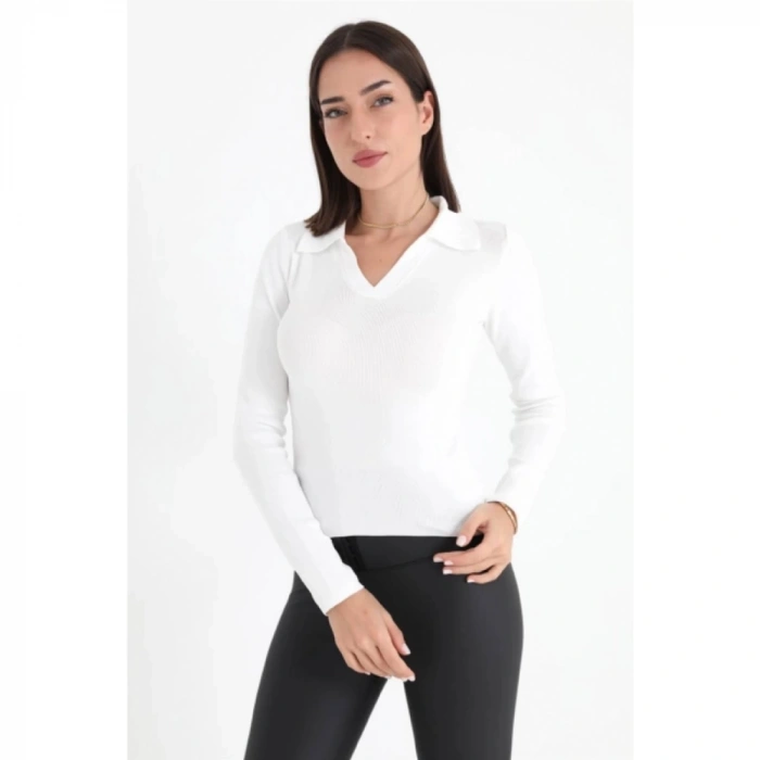 Uzun Kol Polo Yaka Triko - Ekru
