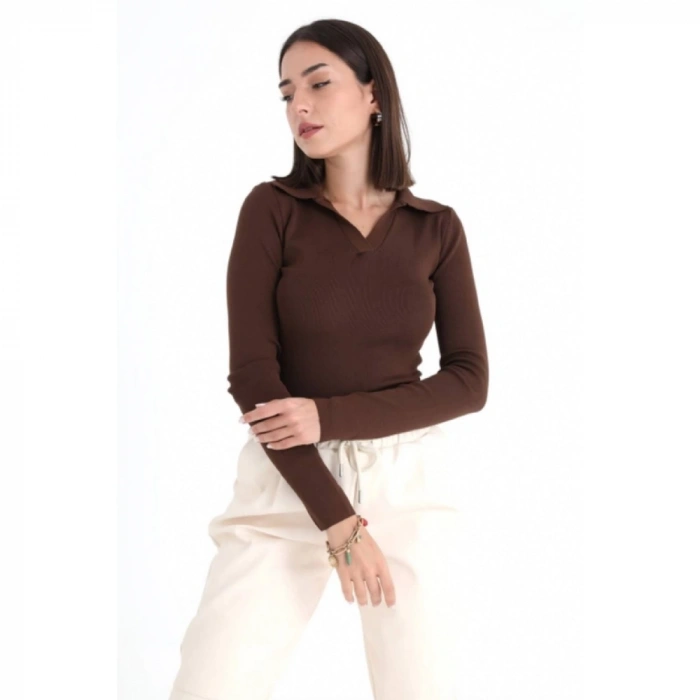 Uzun Kol Polo Yaka Triko - Kahve