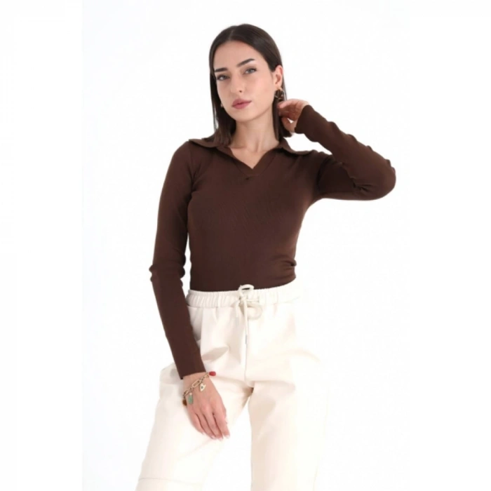 Uzun Kol Polo Yaka Triko - Kahve