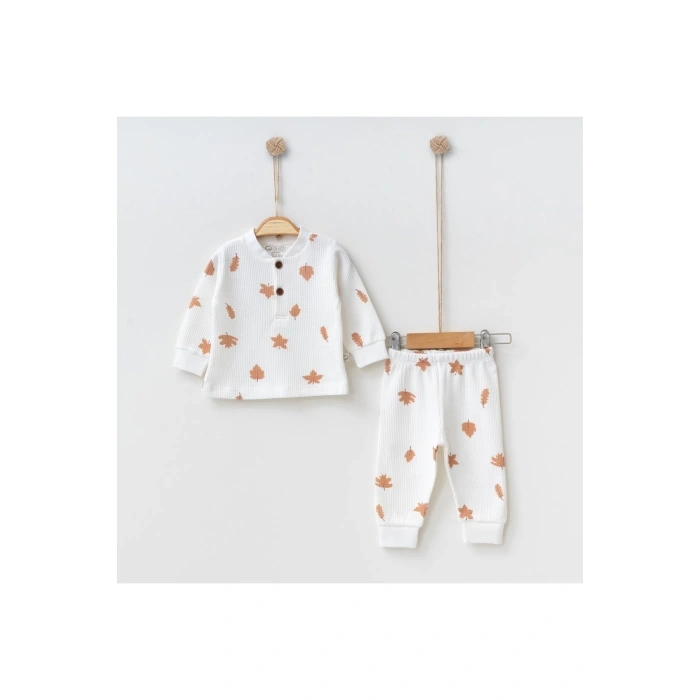 Yaprak Baskılı Alt Üst 2 li Takım Organik Pamuk Kız / Erkek Bebek Takım 3-6/6-9/9-12/12-18 Ay