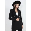 Omuzları Vatkalı Önü Çıtçıtlı Atlas Kumaş Kadın Blazer Ceket - Siyah