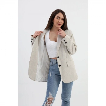 Blazer Ceket Çizgili Atlas Kumaş - Bej