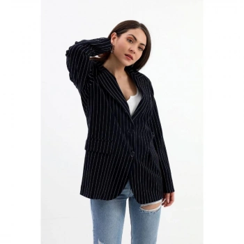 Blazer Ceket Çizgili Atlas Kumaş - Koyu Lacivert