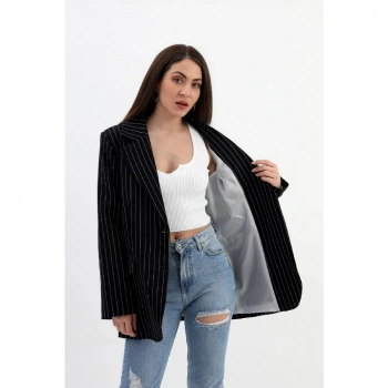 Blazer Ceket Çizgili Atlas Kumaş - Siyah